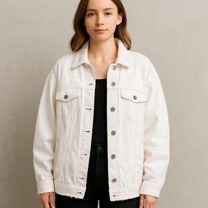 NWT Ashley Vintage Charm Denim Jean Jacket Women’s XS Oversized White Distressed